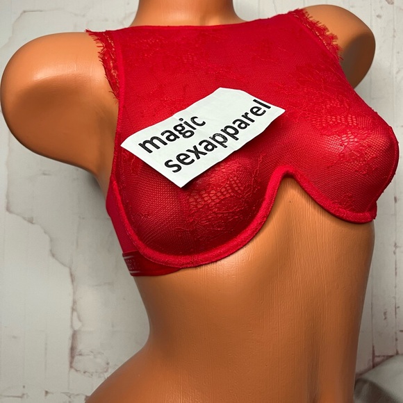 VS 34C VERY SEXY HIGH-NECK CHANTILLY LACE LOGO BAND VERY SEXY RED UNLINED BRA - Picture 1 of 2